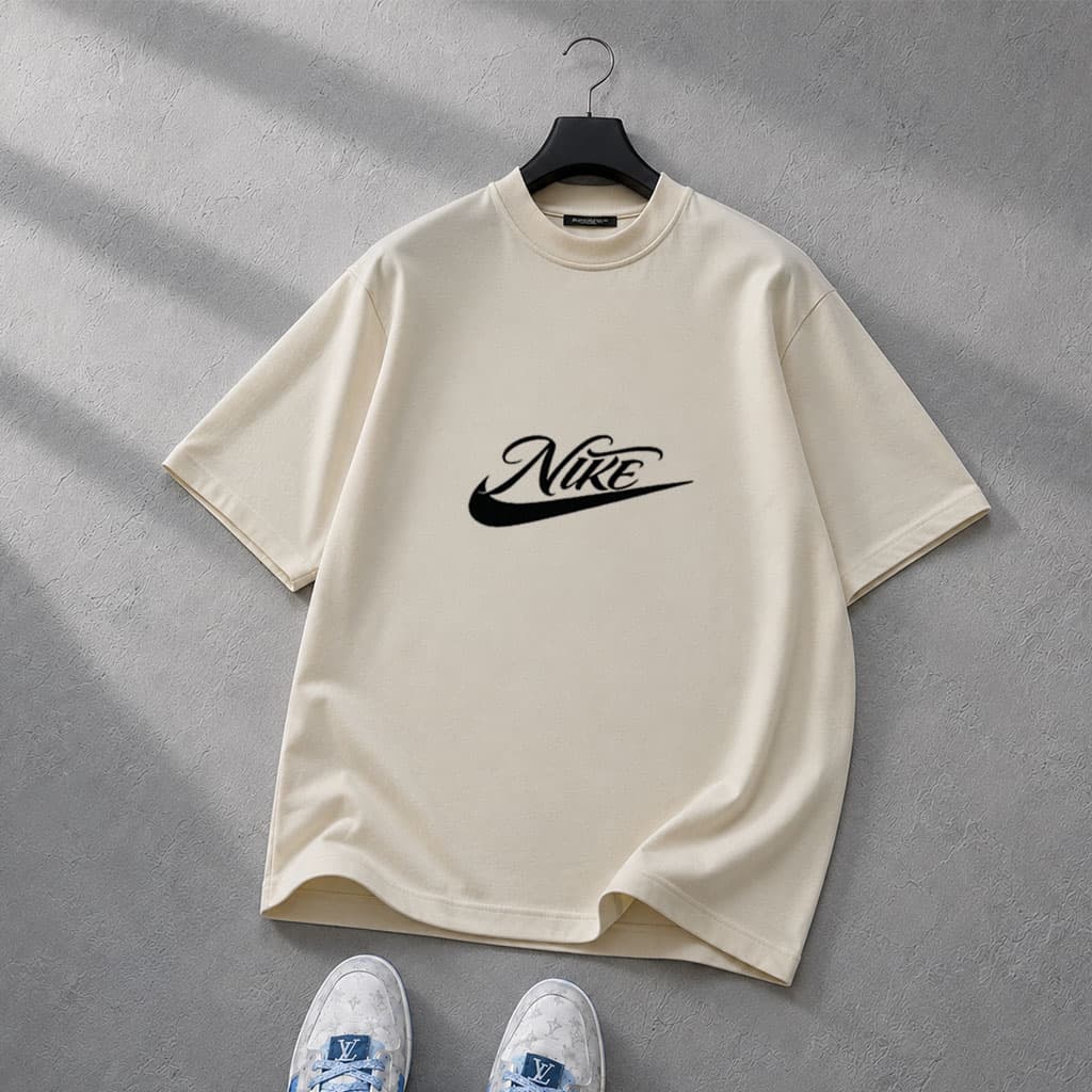 تیشرت طرح NIKE باکسی|جنس دونخ پنبه|رنگ کرمی — تصویر ۲