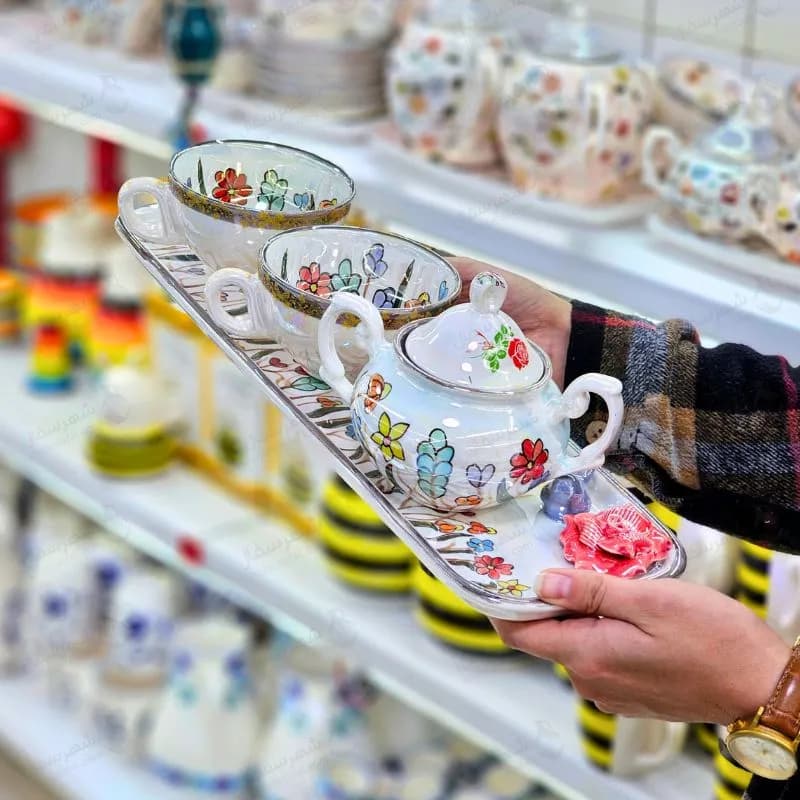 سرویس چای خوری سرامیکی 2نفره گل برجسته با لعاب لاستر طلا — تصویر ۲