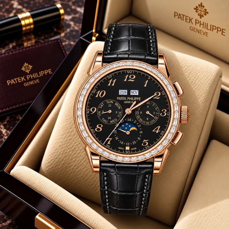 پتک فیلیپ Grand Complications Perpetual Calendar Chronograph Custom با قاب رزگلدرنگ، بزل نگینکاریشده و صفحه مشکی — تصویر ۳
