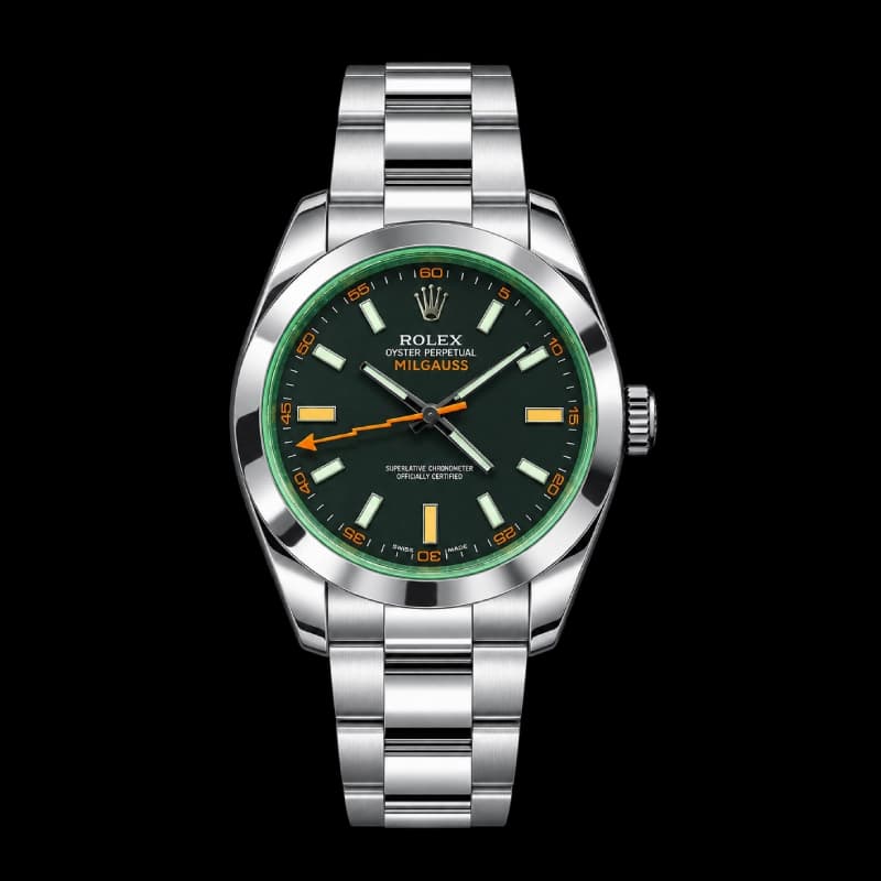 رولکس Milgauss 40 مشکی | شیشه سبز و عقربه صاعقه‌ای نارنجی | رفرنس 116400GV