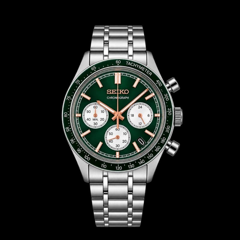 سیکو Essentials Chronograph 38.7 استیل، صفحه سبز با جزئیات رزگلد و سابدایالهای سفید | رفرنس SSB481 — تصویر ۲