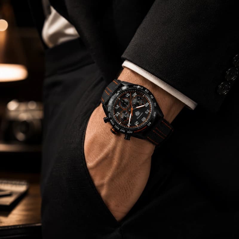 تگ هویر Carrera Chronograph x Porsche Orange Racing Special Edition 44 استیل با پوشش DLC مشکی | صفحه مشکی با جزئیات نارنجی | بزل سرامیکی مشکی Tachymeter و بند چرمی مشکی با دوخت نارنجی | رفرنس CBN2A1M. — تصویر ۳