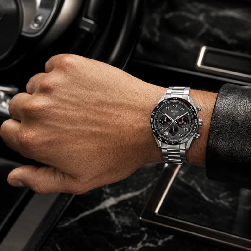 تگ هویر Carrera Chronograph x Porsche Special Edition 44 استیل | صفحه خاکستری با افکت آسفالت و جزئیات قرمز | بزل سرامیکی مشکی Tachymeter و بند استیل | رفرنس CBN2A1F.BA0643 — تصویر ۹