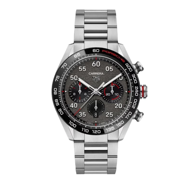 تگ هویر Carrera Chronograph x Porsche Special Edition 44 استیل | صفحه خاکستری با افکت آسفالت و جزئیات قرمز | بزل سرامیکی مشکی Tachymeter و بند استیل | رفرنس CBN2A1F.BA0643