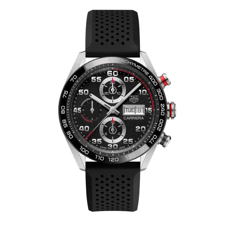 تگ هویر Carrera Chronograph Automatic 44 استیل | صفحه مشکی با ساب‌دایال‌های نقره‌ای و جزئیات قرمز | بزل سرامیکی مشکی Tachymeter و بند رابر مشکی سوراخ‌دار | رفرنس CBN2A1AA.FT6228 — تصویر ۹