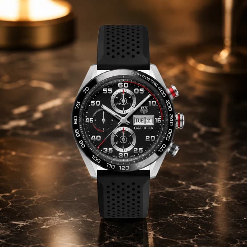 تگ هویر Carrera Chronograph Automatic 44 استیل | صفحه مشکی با ساب‌دایال‌های نقره‌ای و جزئیات قرمز | بزل سرامیکی مشکی Tachymeter و بند رابر مشکی سوراخ‌دار | رفرنس CBN2A1AA.FT6228 — تصویر ۷