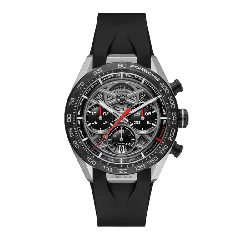 تگ هویر Carrera Chronograph x Porsche 963 Limited Edition 44 استیل | صفحه اسکلتون خاکستری | بزل کربن مشکی و بند رابر مشکی | رفرنس CBU2010.FT6267 — تصویر ۵
