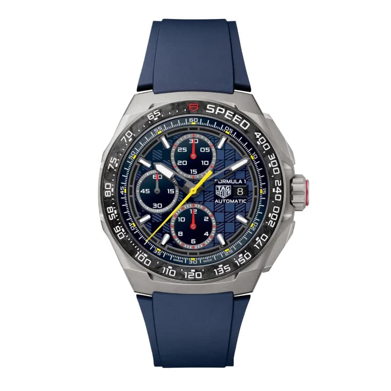 تگ هویر Formula 1 Chronograph x Oracle Red Bull Racing Automatic 44 تیتانیوم | صفحه آبی با جزئیات قرمز و زرد و بند رابر آبی | رفرنس CBZ2080.FT8091 — تصویر ۶
