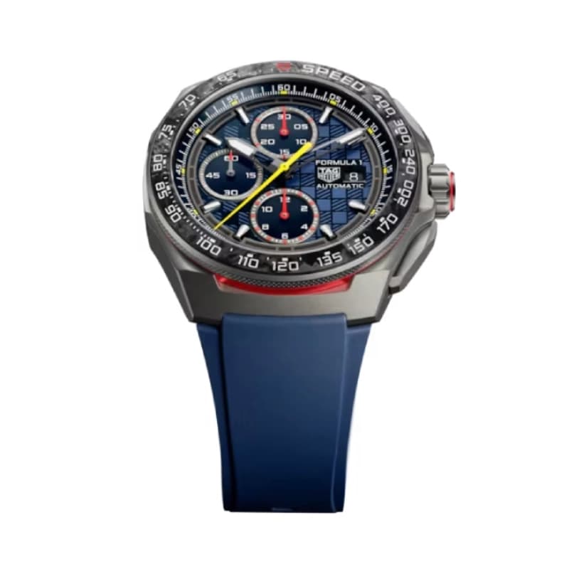 تگ هویر Formula 1 Chronograph x Oracle Red Bull Racing Automatic 44 تیتانیوم | صفحه آبی با جزئیات قرمز و زرد و بند رابر آبی | رفرنس CBZ2080.FT8091 — تصویر ۷