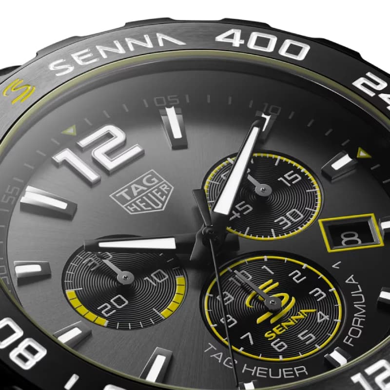تگ هویر Formula 1 Senna Special Edition Chronograph Quartz 43 استیل با پوشش DLC مشکی | صفحه آنتراسیت با جزئیات زرد و بند چرمی مشکی | رفرنس CAZ101AJ.FC6487 — تصویر ۳