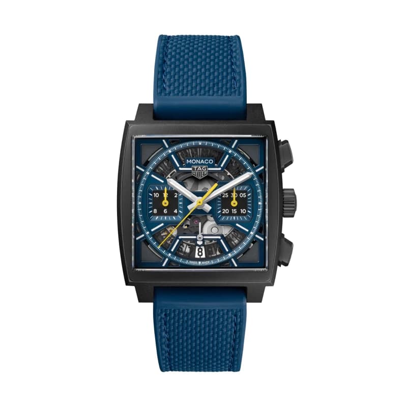 تگ هویر Monaco Chronograph Automatic 39 تیتانیوم با پوشش DLC مشکی | صفحه اسکلتون آبی تیره با جزئیات زرد و بند ترکیبی چرم و رابر آبی | رفرنس CBL2188.FT6261