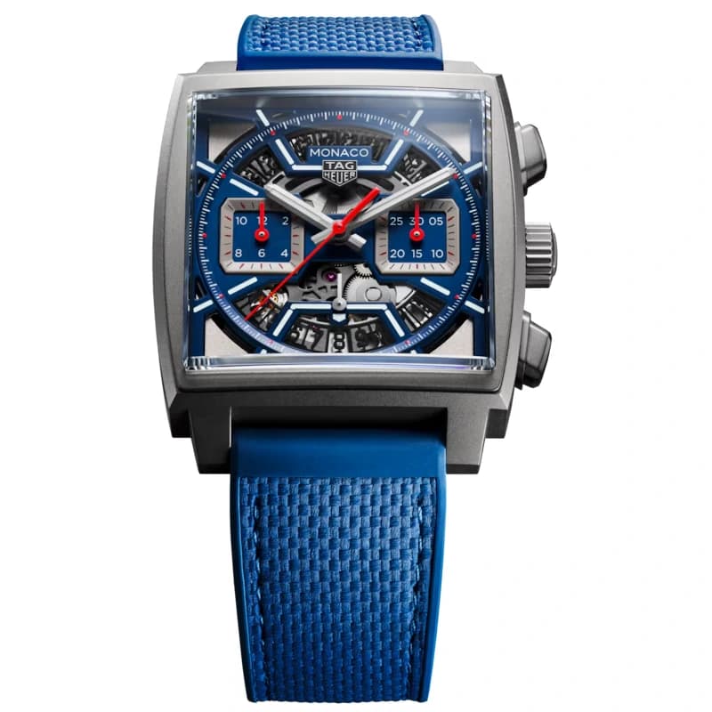 تگ هویر Monaco Chronograph Skeleton 39 تیتانیوم گرید 2 | صفحه اسکلتون آبی با جزئیات قرمز و سفید و بند ترکیبی چرم و رابر آبی | رفرنس CBL2182.FT6235 — تصویر ۸