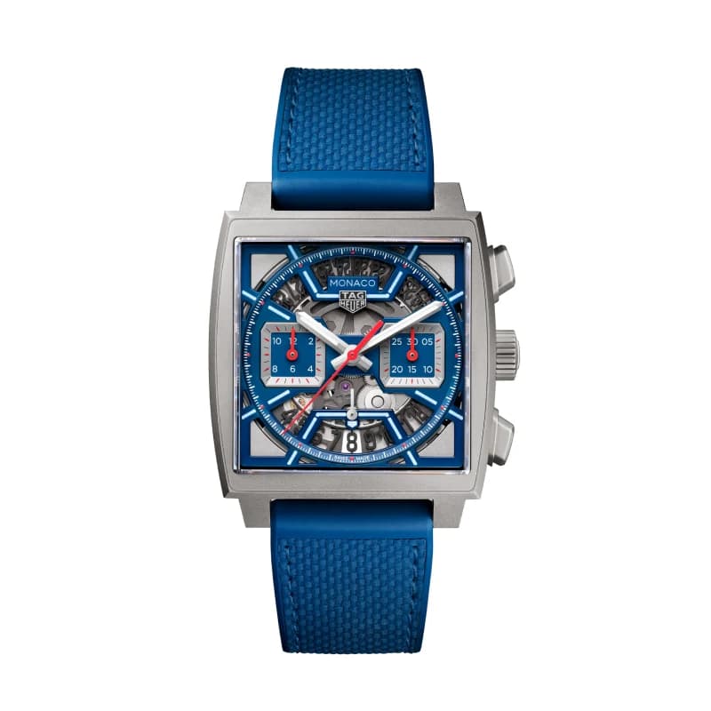 تگ هویر Monaco Chronograph Skeleton 39 تیتانیوم گرید 2 | صفحه اسکلتون آبی با جزئیات قرمز و سفید و بند ترکیبی چرم و رابر آبی | رفرنس CBL2182.FT6235