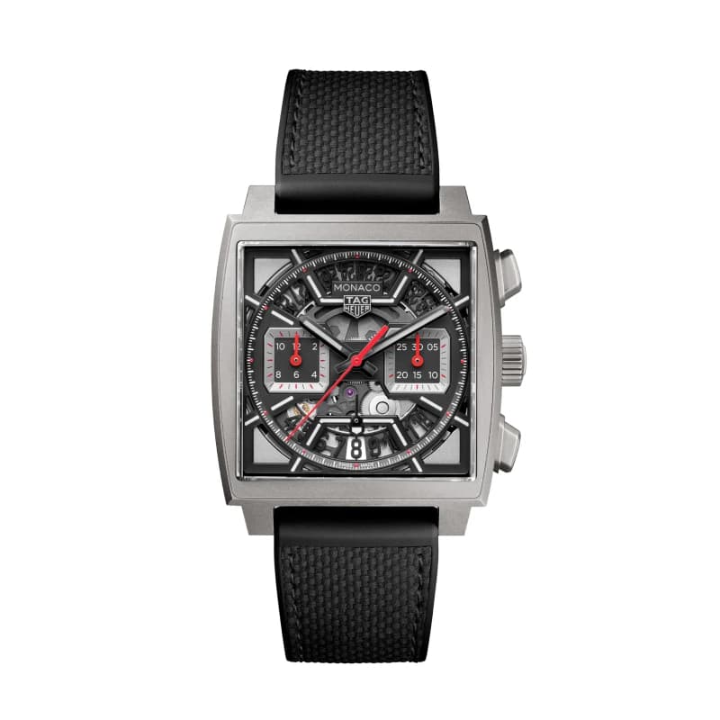 تگ هویر Monaco Chronograph Skeleton Automatic 39 تیتانیوم گرید 2، صفحه اسکلتون مشکی با جزئیات قرمز و سفید و بند رابر و چرم مشکی | رفرنس CBL2183.FT6236