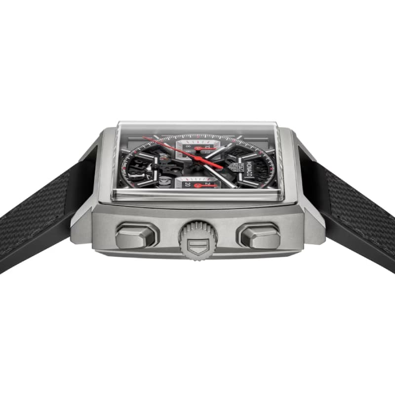 تگ هویر Monaco Chronograph Skeleton Automatic 39 تیتانیوم گرید 2، صفحه اسکلتون مشکی با جزئیات قرمز و سفید و بند رابر و چرم مشکی | رفرنس CBL2183.FT6236 — تصویر ۲