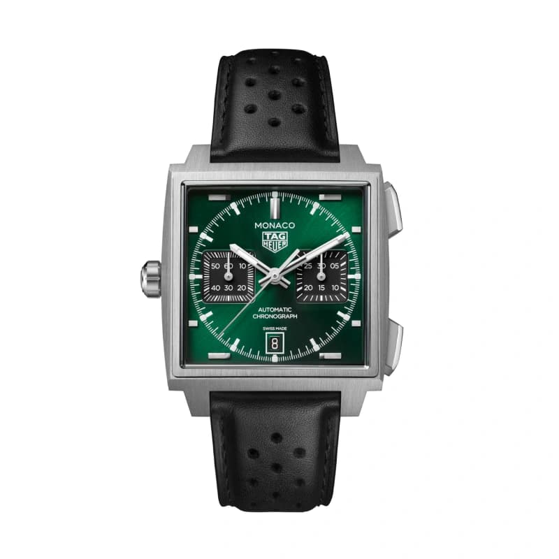 تگ هویر Monaco Chronograph Automatic 39 تیتانیوم | صفحه سبز با ساب‌دایال‌های مشکی و بند چرمی مشکی سوراخ‌دار | رفرنس CDW2180.FC8360 — تصویر ۷