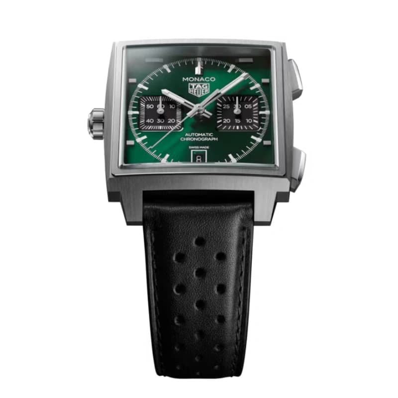 تگ هویر Monaco Chronograph Automatic 39 تیتانیوم | صفحه سبز با ساب‌دایال‌های مشکی و بند چرمی مشکی سوراخ‌دار | رفرنس CDW2180.FC8360 — تصویر ۸