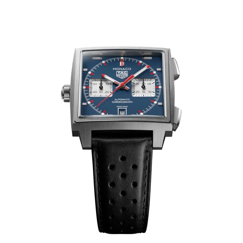 تگ هویر Monaco Calibre 11 Chronograph Automatic 39 استیل | صفحه آبی با سابدایالهای نقرهای و جزئیات قرمز | بند چرمی مشکی سوراخدار | رفرنس CAW211P.FC6356 — تصویر ۹