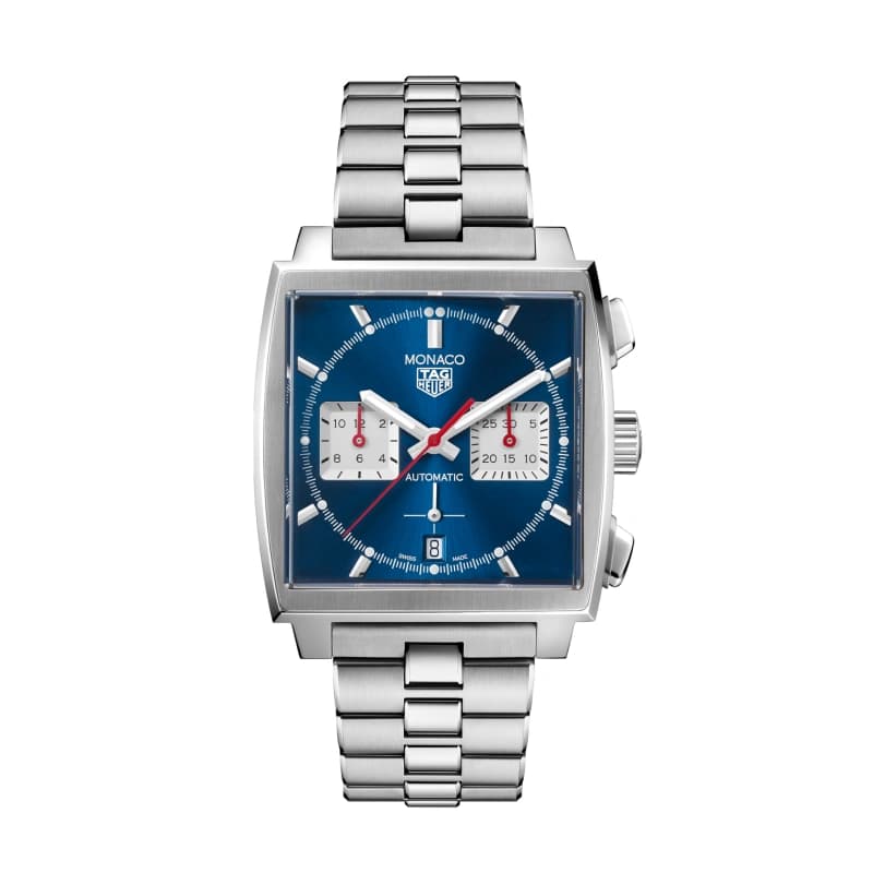 تگ هویر Monaco Chronograph Automatic 39 استیل | صفحه آبی Sunray با ساب‌دایال‌های نقره‌ای و جزئیات قرمز و بند استیل H-shaped | رفرنس CBL2111.BA0644