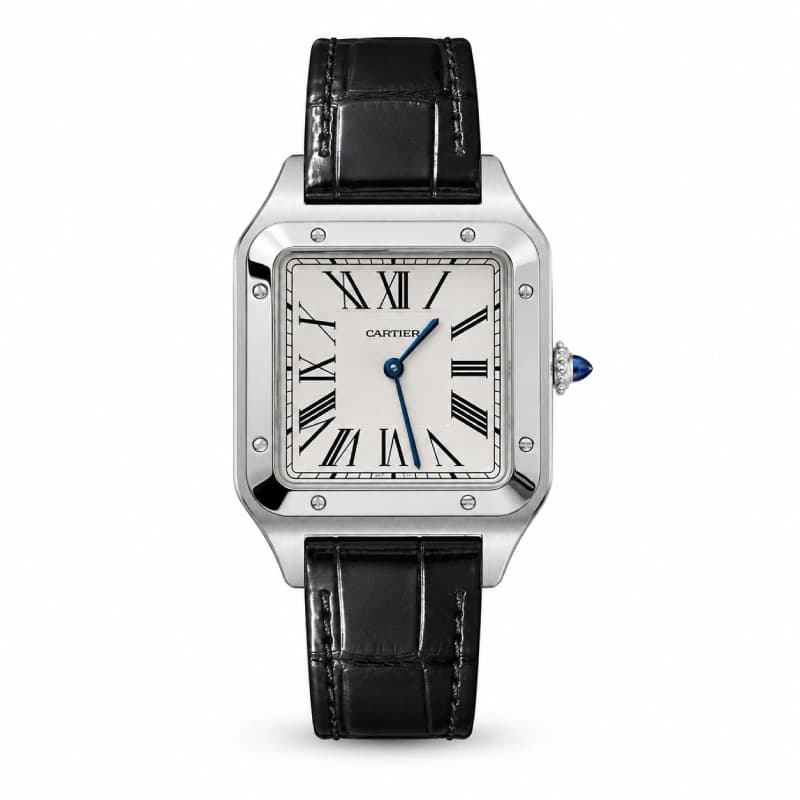 کارتیر Santos-Dumont Large 43.5 × 31.4 استیل | صفحه نقره‌ای با اعداد رومی و عقربه‌های آبی | بند آلیگاتور مشکی | رفرنس WSSA0022 — تصویر ۶