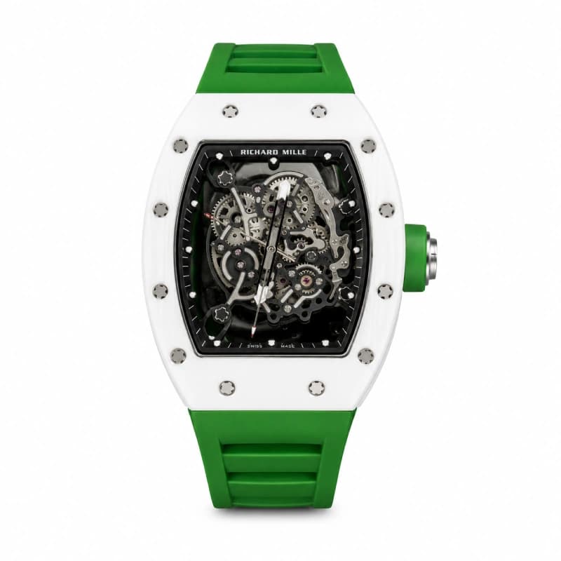 ریچارد میل RM 055 Bubba Watson Manual Winding Skeleton | بزل ATZ سفید و قاب تیتانیوم گرید 5 با روکش رابر سفید | صفحه اسکلتون و بند رابر سبز | رفرنس RM 055 — تصویر ۲