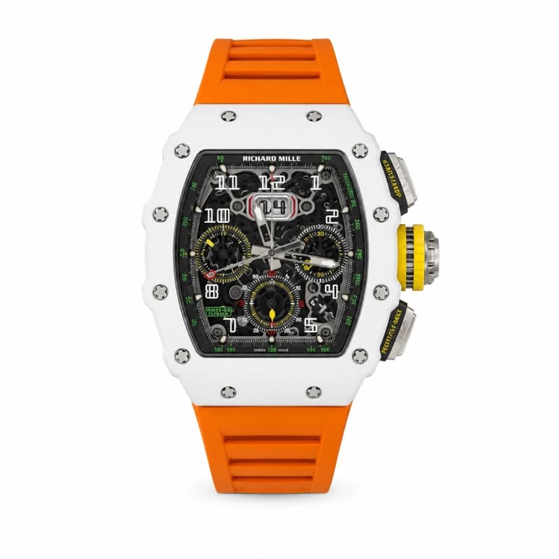 ریچارد میل RM 11-03 Automatic Flyback Chronograph 49.94 × 44.50 سرامیک سفید | صفحه اسکلتون با جزئیات سبز و زرد و بند رابر نارنجی — تصویر ۲