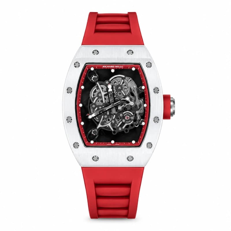 ریچارد میل RM 35-01 Rafael Nadal Manual Winding Skeleton | قاب سفید | صفحه اسکلتون با رینگ قرمز و بند رابر قرمز