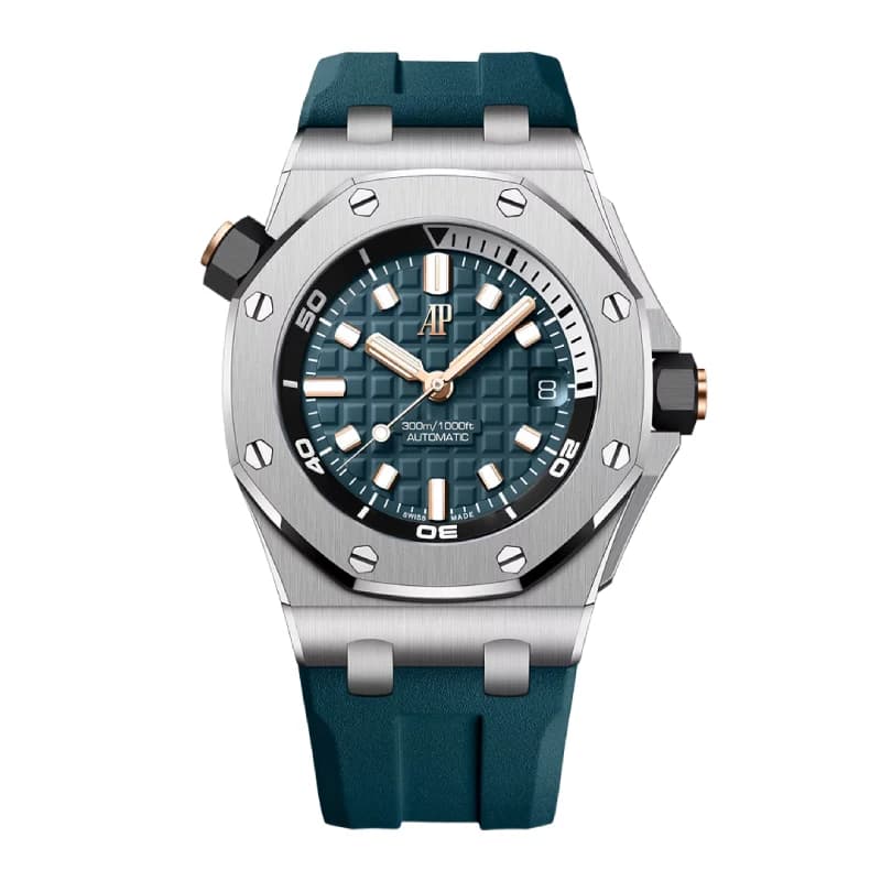 اودمار پیگه رویال اوک آفشور Diver 42 استیل، صفحه سبزآبی تیره با جزئیات رزگلد و بند رابر سبزآبی | رفرنس 15720ST.OO.A403CA.01