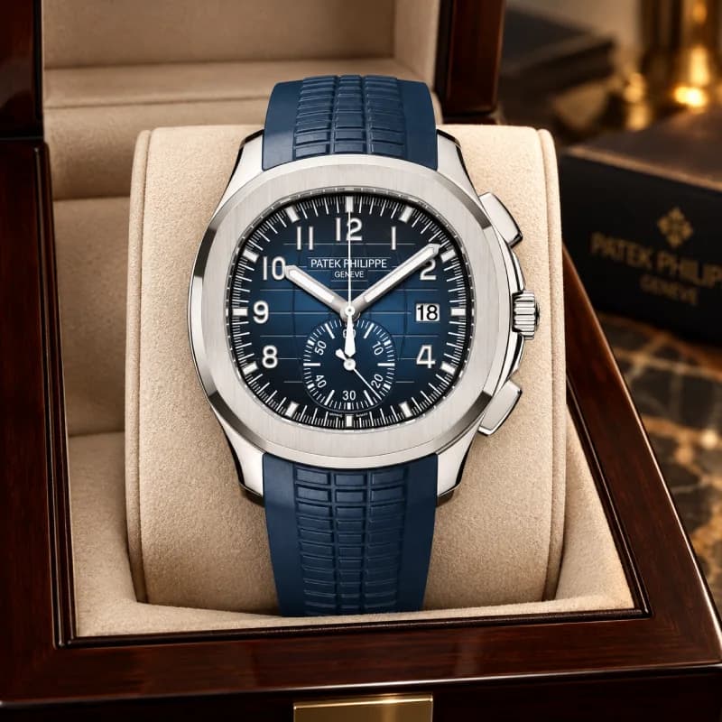 پتک فیلیپ آکوانات Chronograph 42.2 طلای سفید، صفحه آبی گرادیانی و بند کامپوزیت آبی | رفرنس 5968G-001 — تصویر ۳