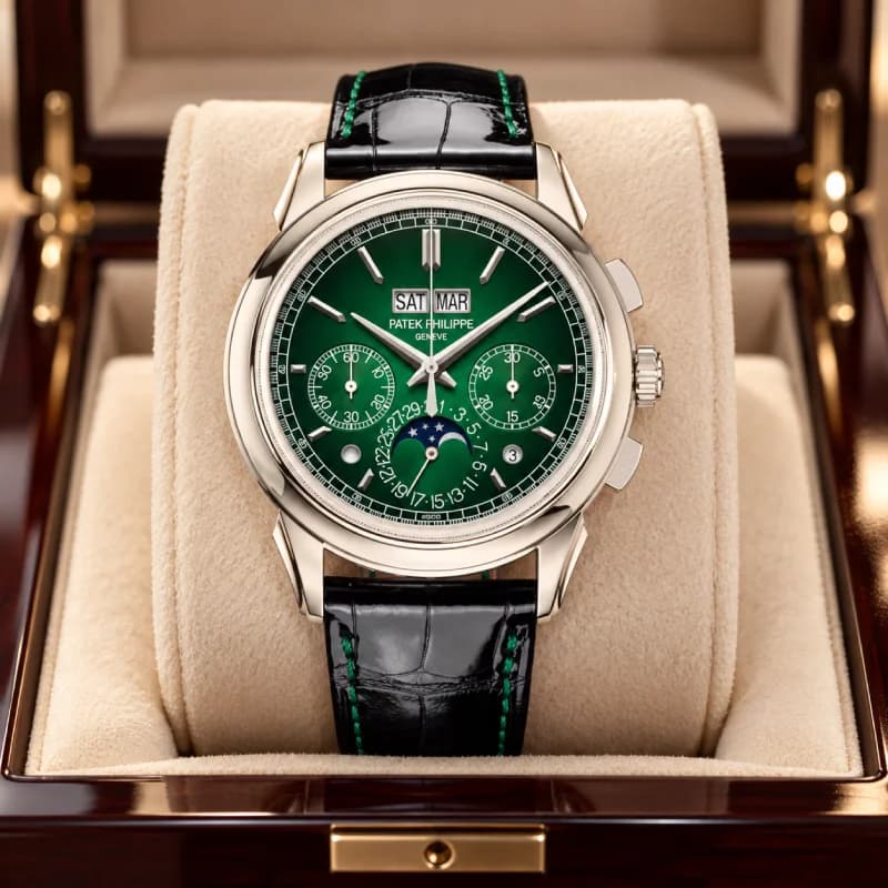 پتک فیلیپ Grand Complications Perpetual Calendar Chronograph، صفحه سبز گرادیانی و بند چرمی مشکی | رفرنس 5270P-014 — تصویر ۳