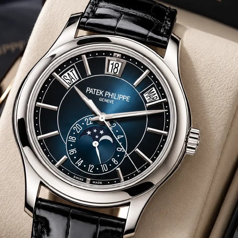 پتک فیلیپ Complications Annual Calendar Moon Phases ، صفحه آبی گرادیانی و بند چرمی مشکی | رفرنس 5205G-013 — تصویر ۳