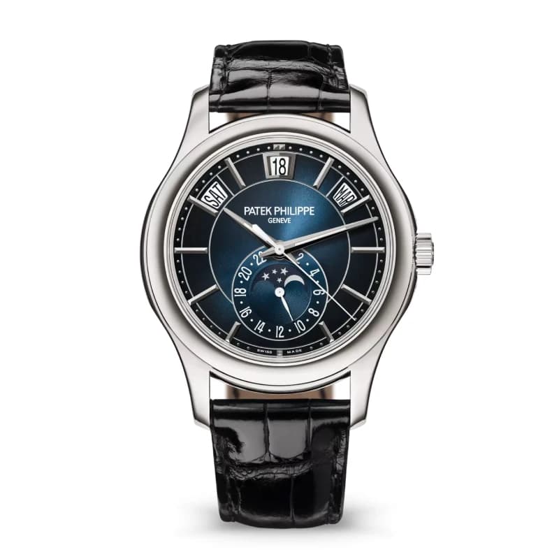 پتک فیلیپ Complications Annual Calendar Moon Phases ، صفحه آبی گرادیانی و بند چرمی مشکی | رفرنس 5205G-013