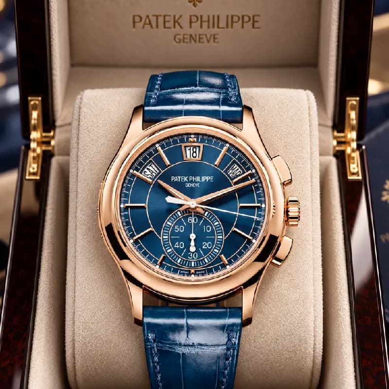 پتک فیلیپ Complications Annual Calendar Flyback Chronograph 42 رزگلد، صفحه آبی و بند چرمی آبی | رفرنس 5905R-010 — تصویر ۳