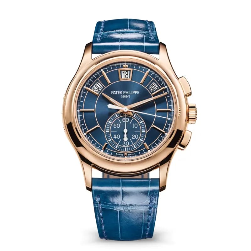 پتک فیلیپ Complications Annual Calendar Flyback Chronograph 42 رزگلد، صفحه آبی و بند چرمی آبی | رفرنس 5905R-010