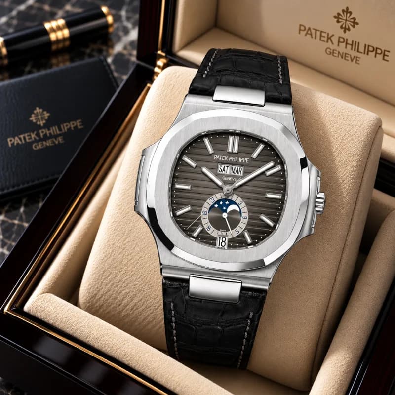 پتک فیلیپ ناتیلوس Annual Calendar Moon Phases استیل، صفحه خاکستری آنتراسیت و بند چرمی مشکی | رفرنس 5726A-001 — تصویر ۳
