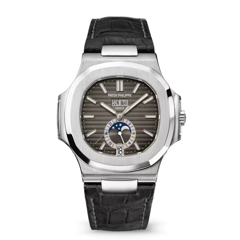 پتک فیلیپ ناتیلوس Annual Calendar Moon Phases استیل، صفحه خاکستری آنتراسیت و بند چرمی مشکی | رفرنس 5726A-001