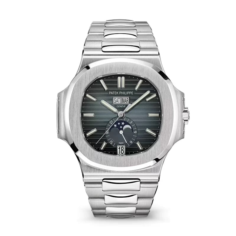 پتک فیلیپ ناتیلوس Annual Calendar Moon Phases استیل، صفحه آبی-خاکستری گرادیانی و بند استیل | رفرنس 5726/1A-014 — تصویر ۲