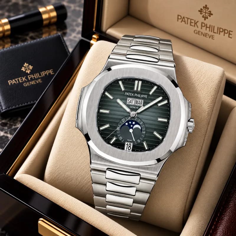 پتک فیلیپ ناتیلوس Annual Calendar Moon Phases استیل، صفحه آبی-خاکستری گرادیانی و بند استیل | رفرنس 5726/1A-014 — تصویر ۳