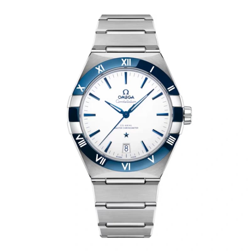 امگا کانستلیشن Manhattan Co-Axial Master Chronometer 41، استیل، صفحه سفید با بزل آبی و بند استیل | رفرنس 131.33.41.21.04.001