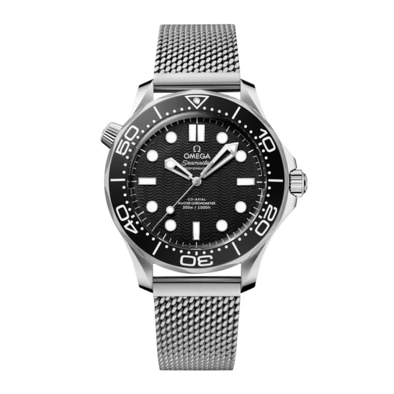 امگا سی‌مستر دایور 300M Co-Axial Master Chronometer، صفحه مشکی، بزل سرامیکی مشکی و بند مش استیل | رفرنس 210.30.42.20.01.001