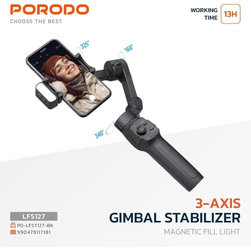 پایه نگهدارنده گیمبال استابلایزر 3 محوره پرودو (PORODO 3-AXIS GIMBAL STABLIZER Magnetic Fill Light) — تصویر ۸
