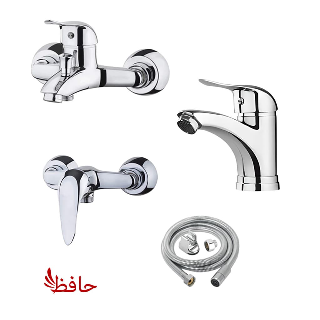 ست ۴ عددی شیرآلات رخشا مدل دنیز شامل شیر روشویی، توالت، حمام و شلنگ توالت | کروم براق