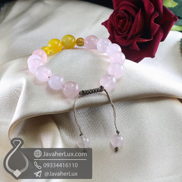 دستبند بافت رز کوارتز و عقیق زرد _ کد : 400709 — تصویر ۸