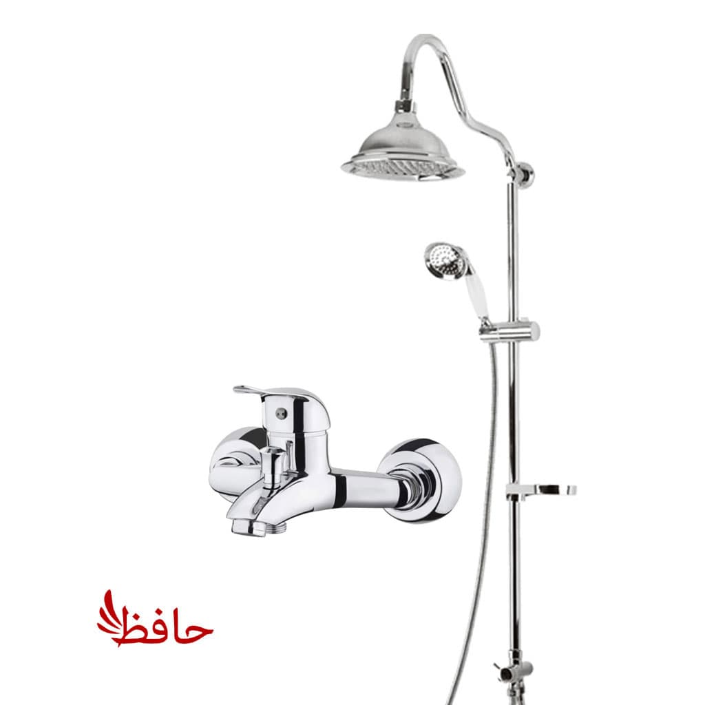 ست ۲ عددی دوش حمام با علم یونیورست مدل شیپوری و شیر مدل قهرمان | کروم براق | شیرآلات برند مهر اوران رخشا صنعت — تصویر ۲