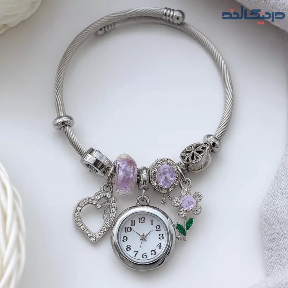 دستبند پاندورا ساعت دار طرح گل و قلب