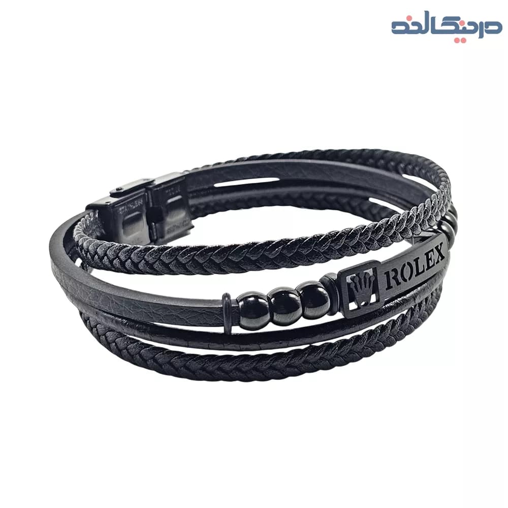 دستبند چرم مردانه رولکس مشکی چهار لایه + پلاک استیل — تصویر ۳