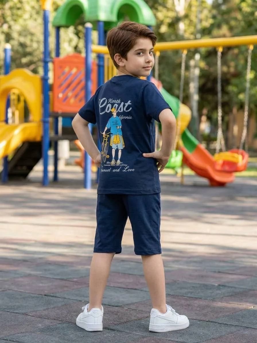 ست تیشرت شلوارک قواره دار بچگانه پسر و دوچرخه (55-50) کد 8455 — تصویر ۳