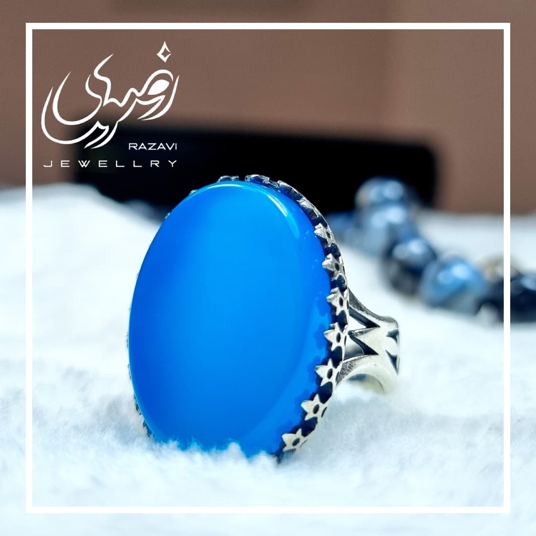 انگشتر الیاژ نقره روس مردانه عقیق آبی طرح نیزه