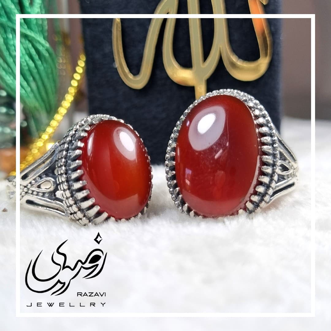 ست انگشتر مردانه و زنانه الیاژ نقره روس عقیق خراسانی طرح سردار سلیمانی — تصویر ۵