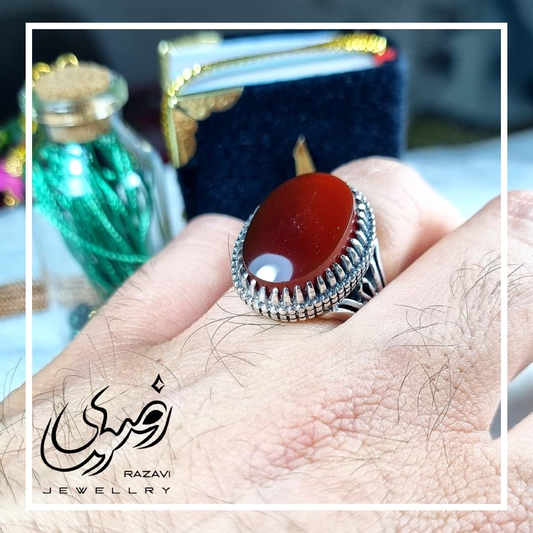 ست انگشتر مردانه و زنانه الیاژ نقره روس عقیق خراسانی طرح سردار سلیمانی — تصویر ۷